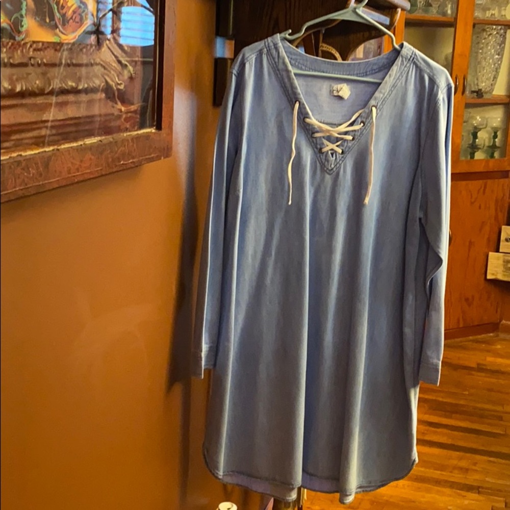Denim dress.